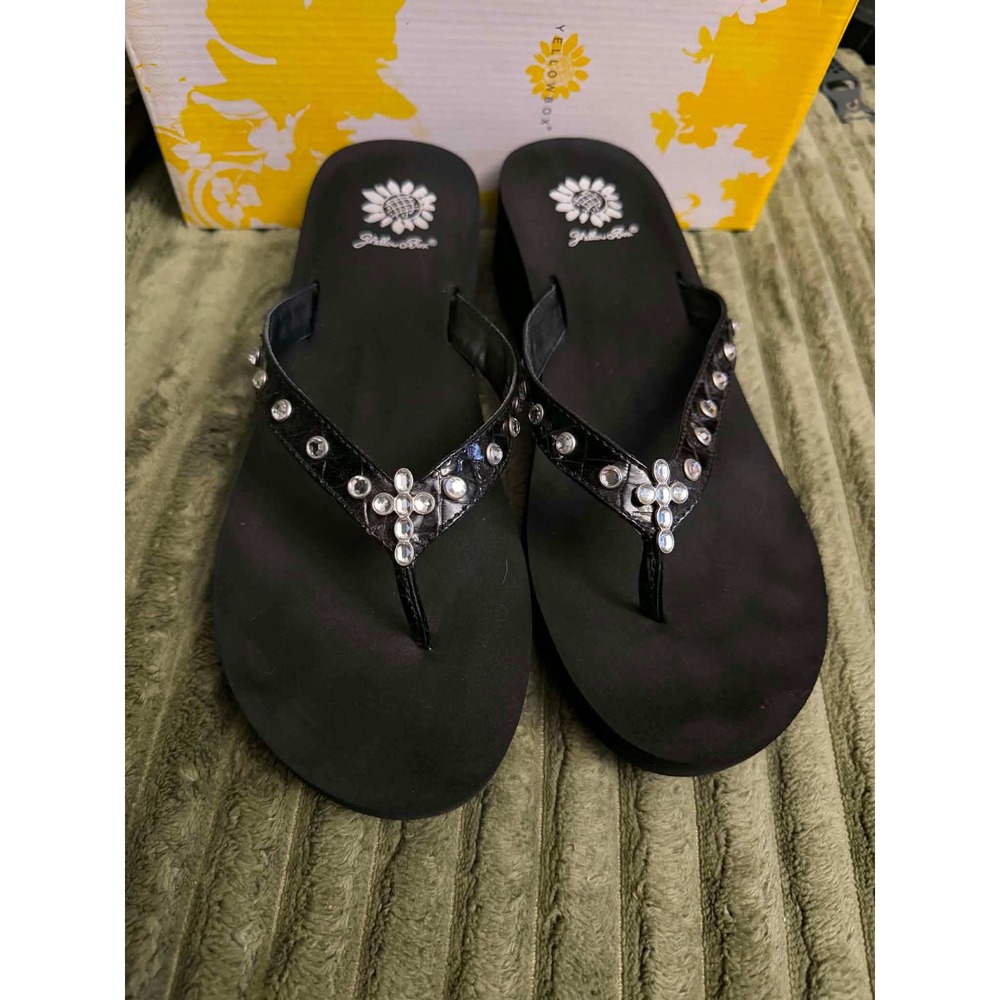 Yellow Box Womens 10 Black Sandals Cross Rhinestone Platform Wedge Flip Flops